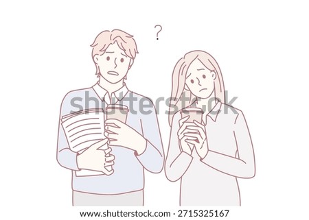 Stressed students with coffee to go and paperwork feel frustrated with exam preparation. Unhappy colleagues distressed with work deadline, prepare research. Overwork. Vector illustration.