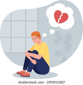 Stressed teen boy sit alone thinking of break up 2D vector isolated illustration. Adolescent child upset over relationship issue flat characters on cartoon background. Teenager problem colourful scene