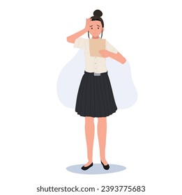 Stressed Thai University Student in Uniform is Worried About Grades