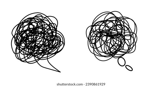 Stressed thoughts bubble icon set. Black outline stressed isolated on white background. Symbol for negative emotions, anger, mental disorders.