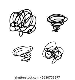 Conjunto de ícones de bolhas de pensamentos pressionados. Contorno preto sublinhado isolado no fundo branco. Símbolo de emoções negativas, raiva, distúrbios mentais
