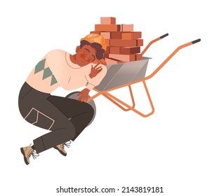 Stressed Tired Builder Sleeping On Pile Of Bricks. Professional Burnout Syndrome, Depressed Person Cartoon Vector Illustration