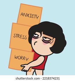 Stressed And Tired Delivery Young Woman Is Holding A Stack Of Heavy Cardboard Boxes With Negative Feeling Inside. Mood Disorders Concept Card Character illustration
