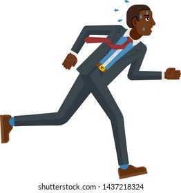 A stressed and tired looking black businessman running as fast as he can to keep up with his workload or compete. Business concept illustration in flat modern cartoon style