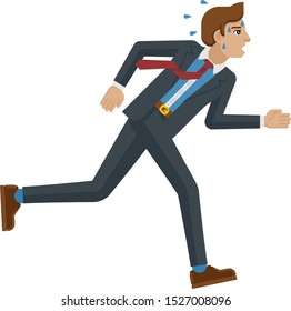 A stressed and tired looking businessman running as fast as he can to keep up with his workload or compete. Business concept illustration in flat modern cartoon style