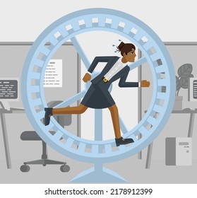 A stressed and tired looking businesswoman in an office running as fast as she can in hamster wheel to keep up with her workload or compete. Business concept illustration in flat modern cartoon styl