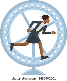 A stressed and tired looking businesswoman running as fast as she can in a hamster wheel to keep up with her workload or compete. Business concept illustration in flat modern cartoon style