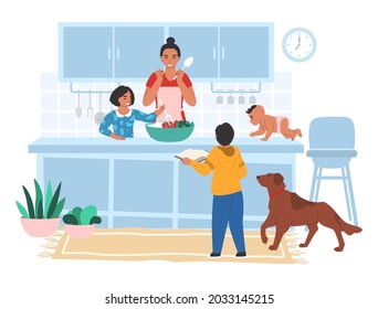 Stressed Tired Mom Cooking In Kitchen With Her Kids, Flat Vector Illustration. Parental Stress, Parenting Problems When Raising Children.