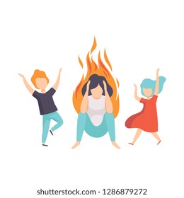 Stressed tired mother and her kids, woman on fire, emotional burnout concept, stress, headache, depression, psychological problems vector Illustration