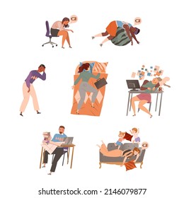 Stressed tired people set. Professional burnout syndrome, depressed persons cartoon vector illustration