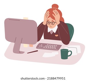 Stressed And Tired Woman At Work. Burnout Concept. Anger And Anxiety At Work. Office Employee.