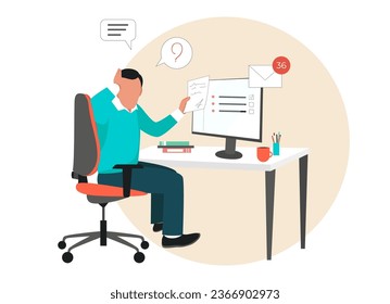 Stressed and tired worker at office desk not understanding how to manage all the tasks. Vector colourful illustration isolated on white background.