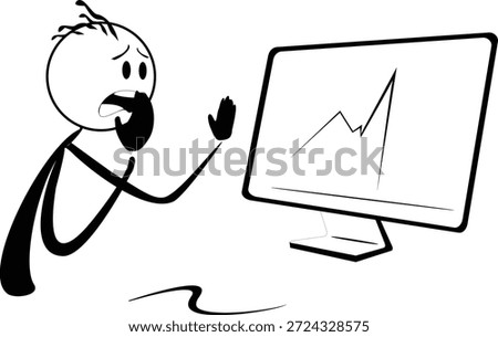 Stressed trader reacting to a falling market chart on a computer screen. Minimalist black and white stick figure illustration representing trading anxiety, financial risk, market volatility, loss, and emotional pressure in stock or cryptocurrency trading. Suitable for finance, investment, forex, crypto, business psychology, and economic concepts.