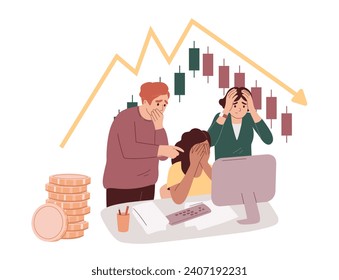 Stressgetreue Händler, die sich die Aktienkurve ansehen. Rückgang des Aktienmarkts. Broker scheitern. Insolvenzkonzept. Stock Investment Vektor.