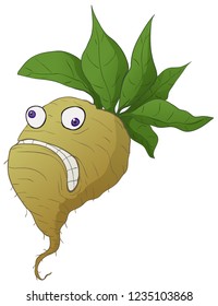 Stressed turnip root vegetable funny cartoon color drawing, vector illustration, vertical, over white, isolated