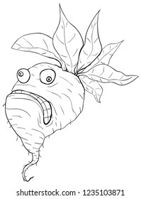 Stressed turnip root vegetable funny cartoon line drawing, vector, vertical, over white