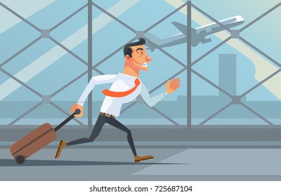 Stressed unhappy businessman office worker character running after airplane. Lateness concept. Vector flat cartoon illustration