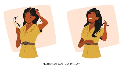 Stressed unhappy young woman with thinning hairline suffering from hair loss, baldness and alopecia before and after treatment procedure vector illustration. Beauty recovery and hairless prevention