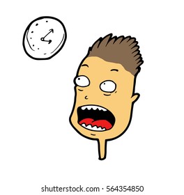 Stressed upset frightened anxious nervous man in panic looking at the clock, realizing that he was very late for work or at a business meeting on which depends his reputation and career