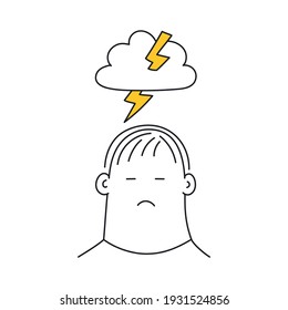 Stressed upset man with a storm cloud and lighting over his head. Anxiety and stress concept, negative emotions, crisis, and depression. Flat thin line vector illustration on white.