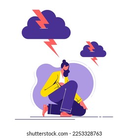 Stressed upset woman with a storm cloud and lighting over his head. Anxiety and stress concept, negative emotions, crisis, and depression