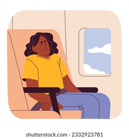 Stressed woman with air flight and airplane phobia. Afraid scared worried person flying with fear of plane travel. Passenger in anxiety and panic. Aerophobia concept. Flat vector illustration