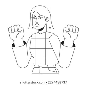 Stressed woman with anger issues flat line black white vector character. Editable isolated outline half body person. Simple cartoon style spot illustration for web graphic design, animation