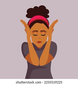 
Stressed Woman of Black Ethnicity Feeling Overwhelmed Vector Illustration. Unhappy girl covering her ears and closing her eyes 
