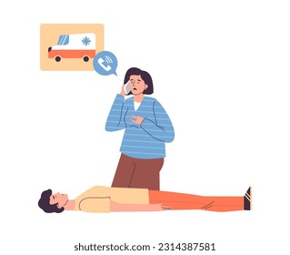 Stressed woman calling emergency in front of unconscious man, flat vector illustration isolated on white background. Concepts of first aid, ambulance, healthcare and accidents.