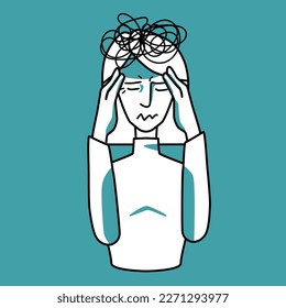 Stressed woman character, emotion of anxiety, mint and white. Stressful mood of a female, worried maid with tension, under stress and pressure. Closed her eyes, holding hands on a head.