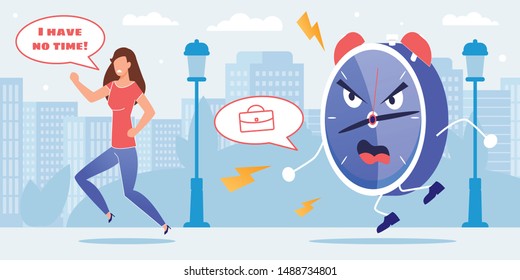 Stressed Woman Character Running out of Huge Alarm Clock Metaphor Cartoon. Late for Work. Failure Deadline. Time Management and Planning Daily Schedule Need. Vector Flat Cityscape Illustration