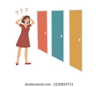 Stressed woman choosing which door to open, live choice concept - flat vector illustration isolated on white background. Decision dilemma and decision making concepts.