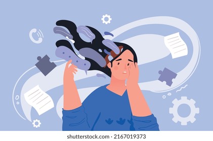 Stressed woman concept. Young girl with bad thoughts, sad and lonely character. Mental health, psychological problems and troubles. Depression and frustration. Cartoon flat vector illustration