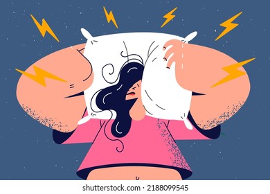 Stressed woman cover ears with pillow suffer from noise. Upset unhappy female bothered annoyed with loud noises. Vector illustration. 