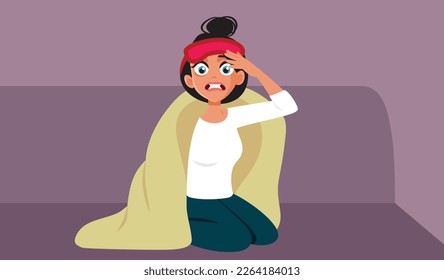 
Stressed Woman Covered in a Blanket Unable to fall Asleep Vector Illustration. Anxious lady feeling unable to rest well sleeping on the couch 
