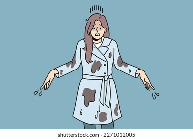 Stressed woman in dirt after fall in puddle. Unhappy distressed girl in dirty clothes suffer from falling in mud. Vector illustration. 