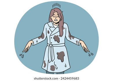 Stressed woman in dirt after fall in puddle. Unhappy distressed girl in dirty clothes suffer from falling in mud. Vector illustration.