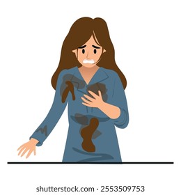 Stressed woman in dirt after fall in puddle. Unhappy distressed girl in dirty clothes suffer from falling in mud. Vector illustration.