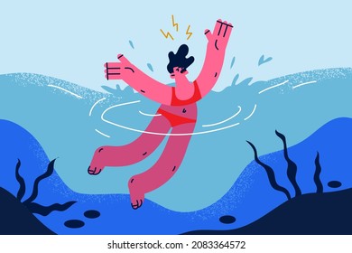 Stressed woman drowning in water ask beg from help. Worried young female panic sinking underwater on summer resort scream shout for helper. Dangerous marine activity. Vector illustration. 