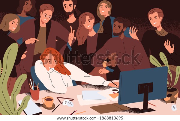Stressed woman failed to meet deadline.\
Angry colleagues standing over creative worker pressuring and\
criticizing, complicating work with restrictions and conflicting\
tasks. Flat vector\
illustration