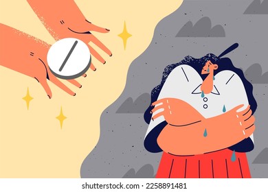 Stressed woman feel scared of pill or medicament. Unhappy girl crying suffer from depression terrified with antidepressant or medication. Vector illustration. 