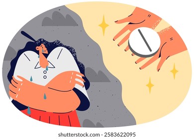 Stressed woman feel scared of pill or medicament. Unhappy girl crying suffer from depression terrified with antidepressant or medication. Vector illustration.