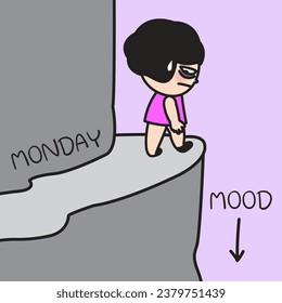 Stressed Woman Feeling Down With Low Mood Walking Along A Steep And Narrow Cliff Ledge Path Of Monday Concept Card Character illustration