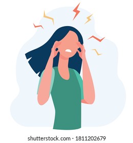 Stressed woman feeling headache, suffering from migraine, holding head. Vector illustration for health problem, anger, fatigue concept