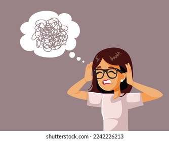 
Stressed Woman Feeling Puzzled and Confused Vector Cartoon Illustration. Desperate young lady feeling overwhelmed overthinking her problems
