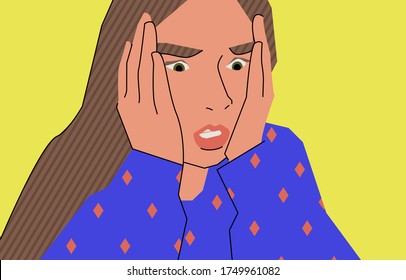 Stressed woman, frightened girl clutched her head. Close-up portrait, vector stock illustration, emotional woman in panic with open mouth. Stress concept, bad news.