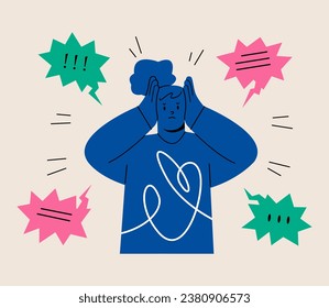 Stressed woman frustrated by comments. Colorful vector illustration

