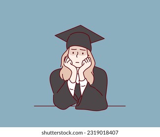 Stressed Woman Graduating Worried About Future. Hand drawn style vector design illustrations.