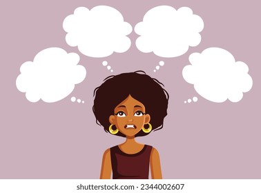 
Stressed Woman Having Many Thoughts Overthinking her problems Vector Cartoon. Anxious girl trying to find solutions for her problems 
