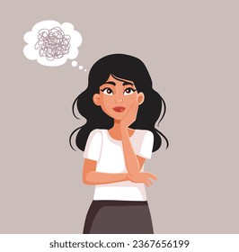 
Stressed Woman Having Tangled Thoughts Vector Cartoon Illustration. Person suffering form mental clutter and fatigue 
